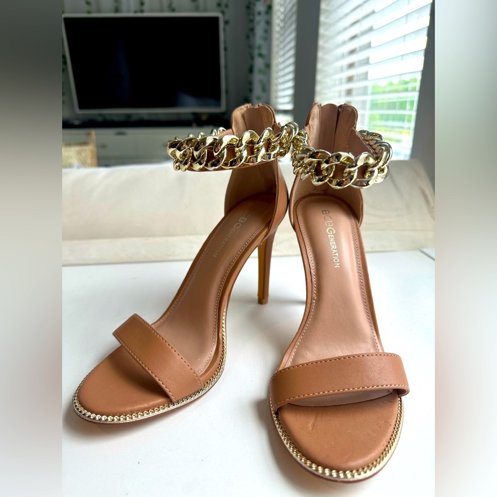 Tan Chain-Embellished Heels